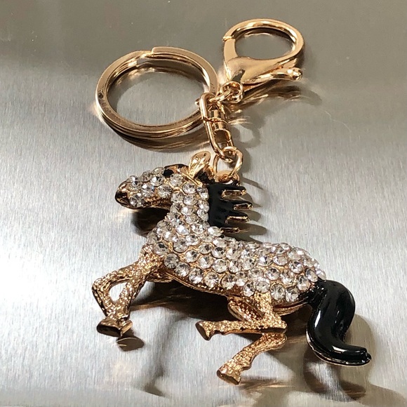 ⭐️TAGS EVOLUTION⭐️Rhinestone Swarovsky Crystals Gold Pony Horse Keychain Charm - Picture 2 of 10